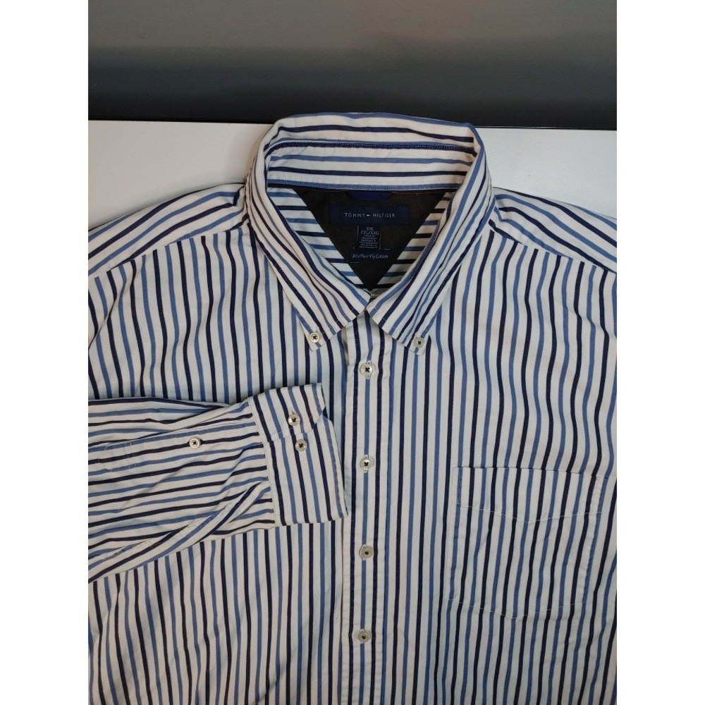 Y2K Hilfiger White Blue Striped Comfort Mens Button Up Shirt Sz‎ XXL Layer